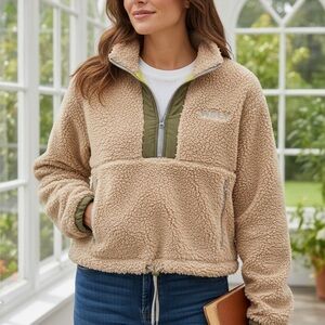 WSLY Tan Teddy Jacket with Green Details